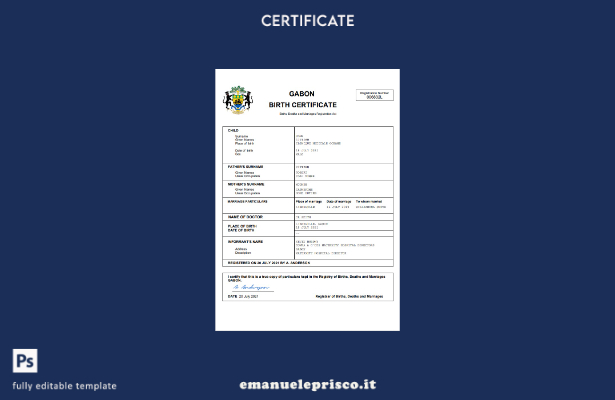 stile verificato Certificato di nascita dello stato di stato del Gabon Modello W